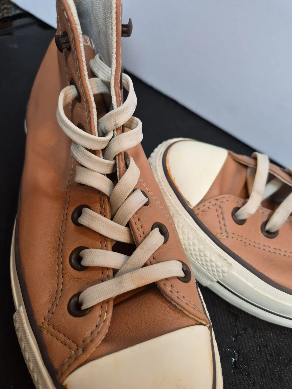 The Converse Chuck Taylor All Star Mid Top Leather Lace Up Sneakers in Brown/Whi